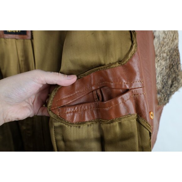 Vintage 60s 70s Streetwear Mens 44 Rabbit Fur Trim Leather Trench Coat Jacket - Picture 14 of 16